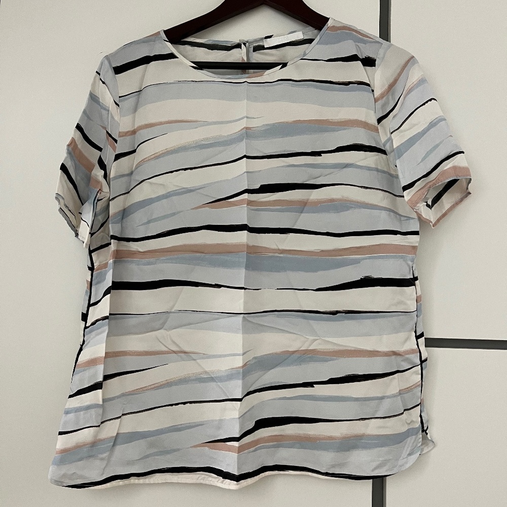 Silk Hugo Boss top, size DE42, US10, cream and sky blue stripy pattern